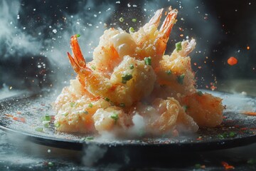 Delicious shrimp dish garnished with green onions, creating a smoky and appetizing atmosphere.