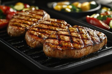Grilled pork chops juicy and flavorful, served with vibrant vegetables on a black grill pan.