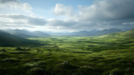 Green Valley Scenery With Mountains And Clouds
