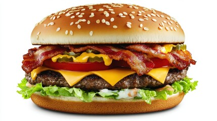 A delicious looking burger with bacon and sesame seed bun