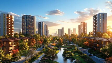 Modern Cityscape With Lush Greenery And River At Sunset In A Sunny Photo