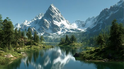 Majestic mountain range reflecting in a tranquil alpine lake.