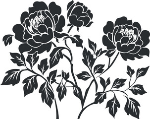 A stunning black silhouette of blooming roses with intricate leaves and petals.