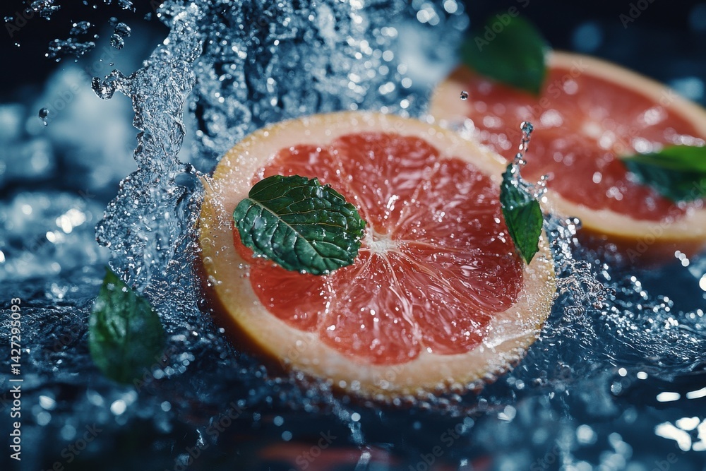 Poster fresh grapefruit slices splashing in water, adorned with mint leaves, creating a refreshing and vibr