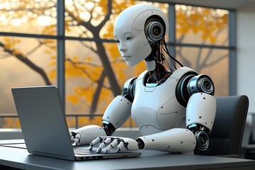 A futuristic humanoid robot working on a laptop in a modern office setting, symbolizing the integration of artificial intelligence and technology in the workspace and everyday life.

