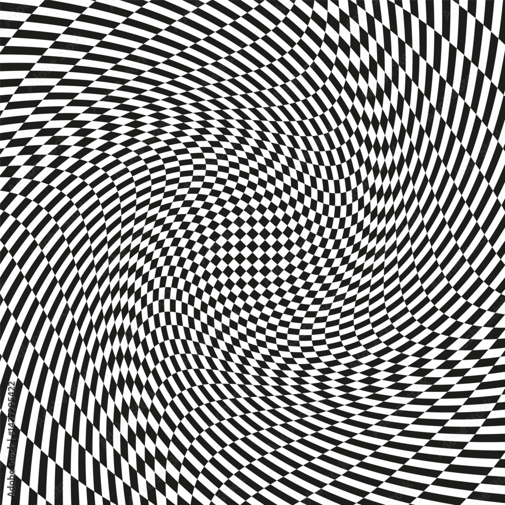 Aufkleber twisting checker illusion. black white distortion. curved optical pattern. abstract vector backgroun