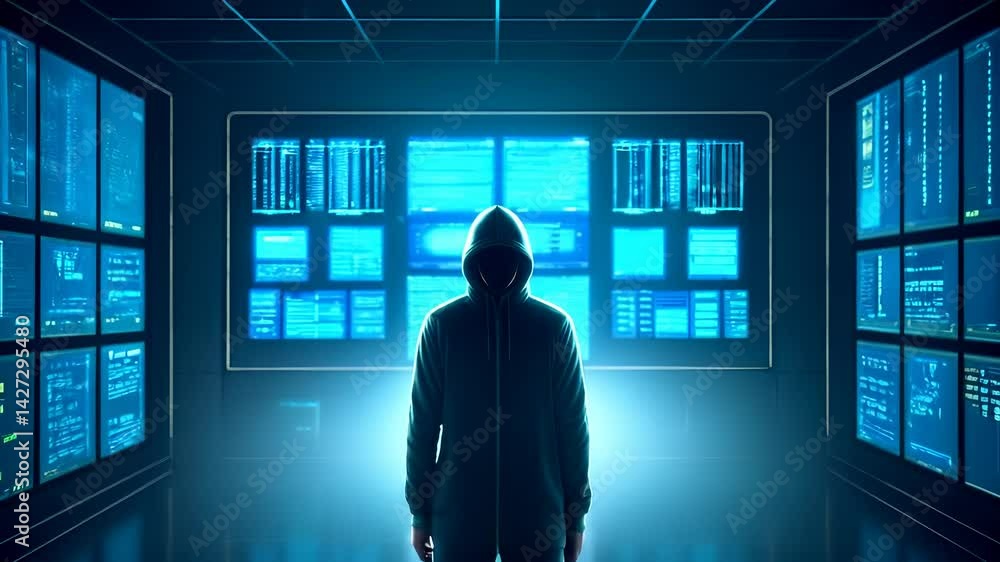 Poster cyber security network data loss concept. mysterious figure in a hoodie stands in a high-tech enviro