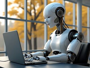 A futuristic humanoid robot working on a laptop in a modern office setting, symbolizing the integration of artificial intelligence and technology in the workspace and everyday life.

