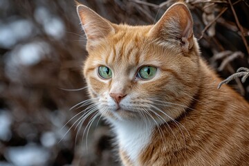 Fluffy ginger cat sitting calmly among pebbles near dried grass on a cool afternoon in a serene outdoor setting