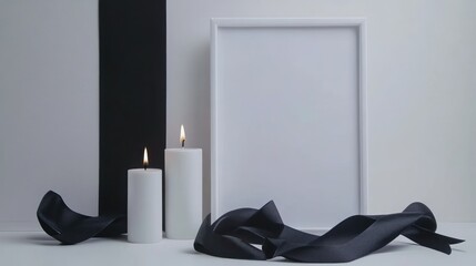 Empty frame for representation of a person who has passed away or space for memories, black ribbon concept clear symbol for mourning, loss, commemoration and remembrance