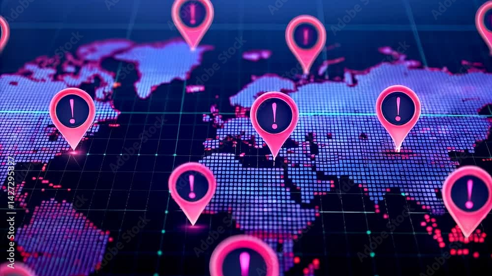 Poster global health pandemic concept. digital world map with location pins and alerts, representing global