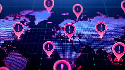 Global Health Pandemic concept. Digital world map with location pins and alerts, representing global connectivity and information sharing. - Powered by Adobe