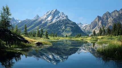 Picturesque alpine lake reflecting snow-capped mountains.