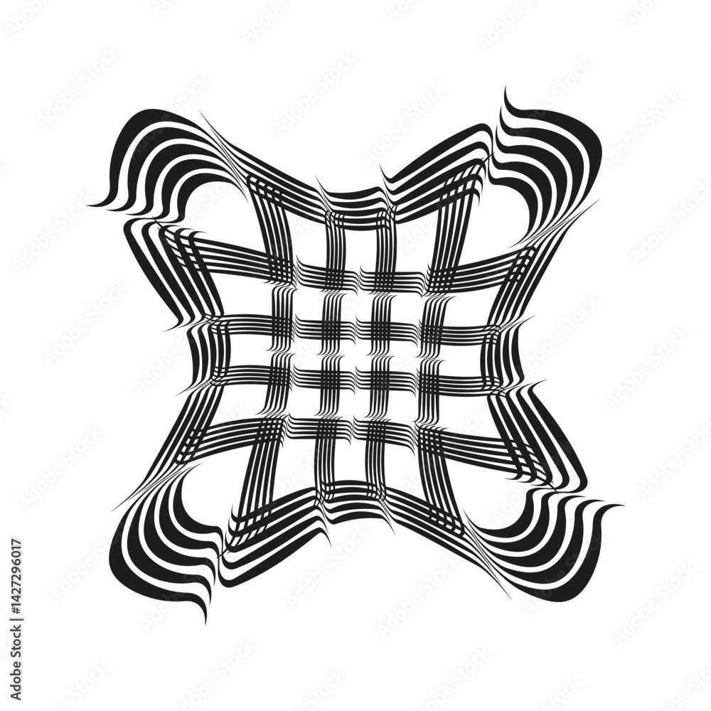 Poster warped grid pattern. geometric distortion element. optical vector texture. black white ornament.