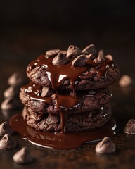 Decadent chocolate cookies stacked with melted chocolate drizzled on top, perfect for dessert lovers.