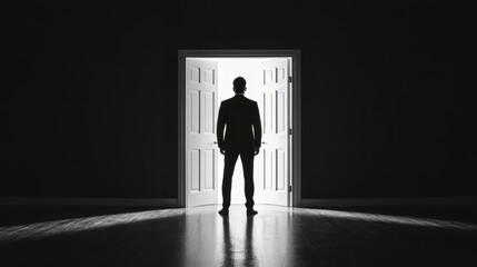 A man standing in front of a door. The door is open and the man is looking through it. depression.