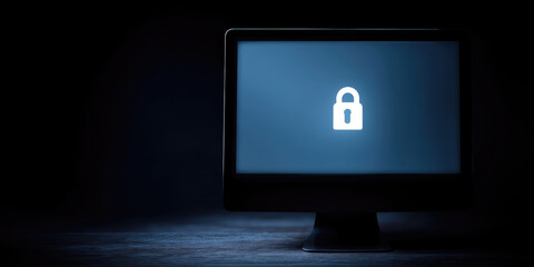 A lock symbol is centered on a dark, illuminated computer screen, conveying a sense of security or privacy. 