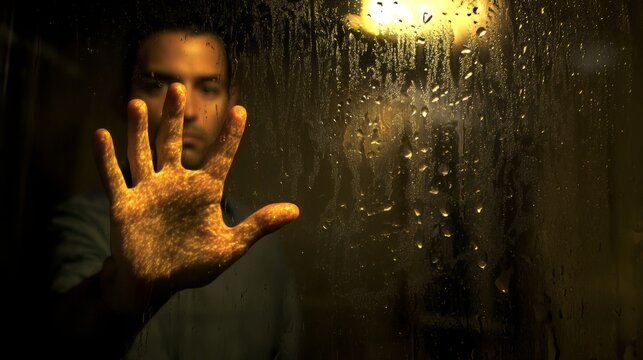 A man is holding his hand up in front of a window. The window is foggy and has water droplets on it. Depression and fears. - Powered by Adobe