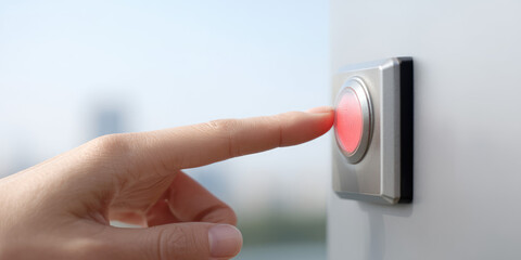 Naklejka premium A finger near a glowing red button on a metallic square plate, mounted on a wall. 