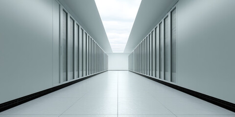 Modern data center hallway with sleek, tall server cabinets lining both sides. Bright ceiling lights illuminate the space, creating a highly polished, futuristic appearance