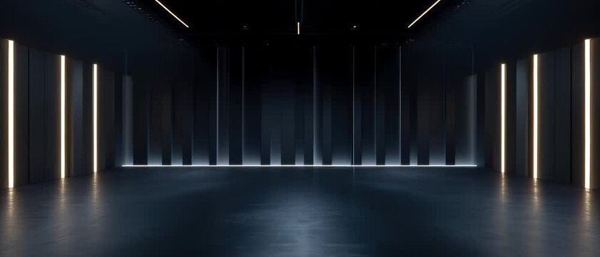 Abstract dark room, stage or studio, panoramic garage with lines of led light, black interior of modern hall. Concept of warehouse, showroom.