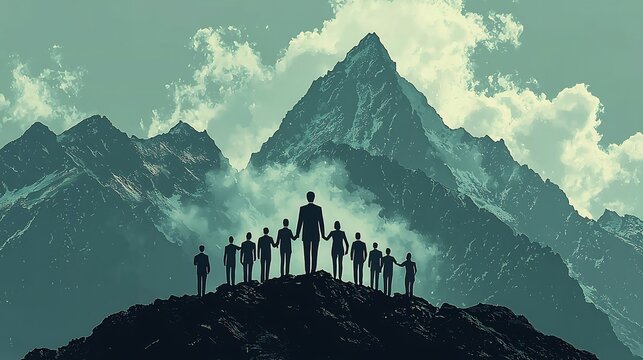 Depict business team leadership a card with a harmonious mix of forest green and slate gray Simple icons of a leader guiding a team symbolize effective management and mentorship