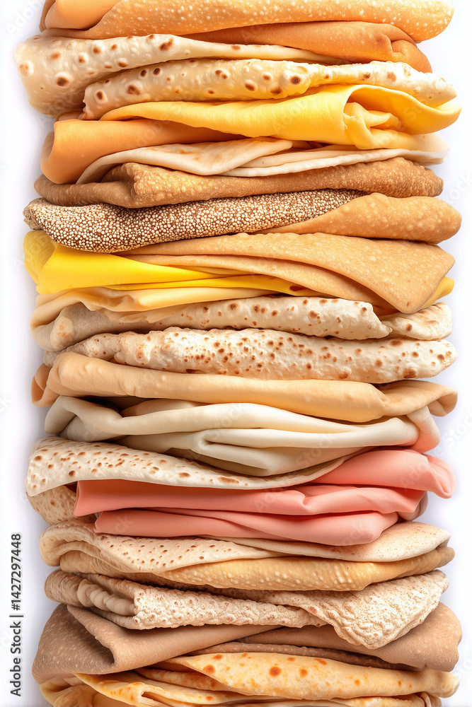 Aufkleber flatbread stacked in layers on seamless white background. close-up view with varying textures and hu