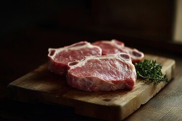 Fototapeta premium Fresh raw pork chops neatly arranged on a wooden cutting board with herbs.