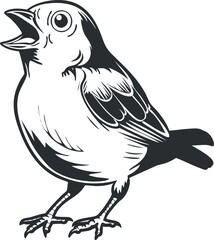 A stylized illustration of a singing bird with detailed feathers in black and white.