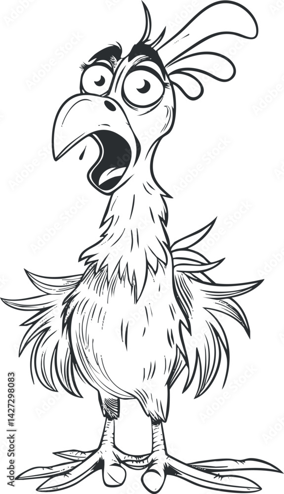 Poster a comical cartoon bird with exaggerated features expressing surprise or excitement in black and whit