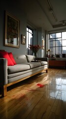 A meticulously staged crime scene in a modern city apartment. Bloodstains splattered on the polished wooden floor. Multiple pieces of evidence. An atmosphere that conveys tension and mystery.