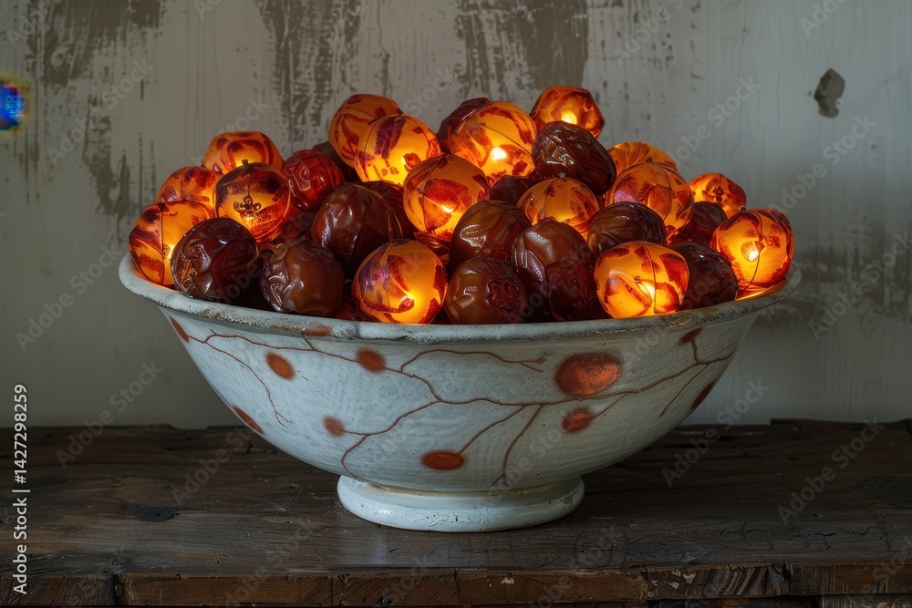 Aufkleber brightly lit decorative orange orbs in a traditional bowl create a warm atmosphere in a cozy indoor 