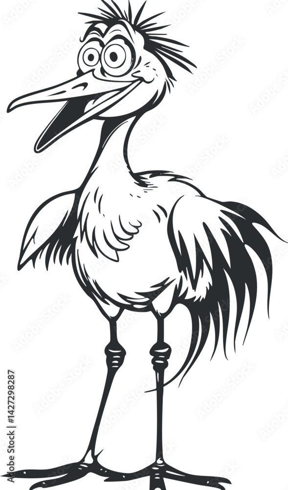 Poster a whimsical cartoon bird character with exaggerated features and a playful expression.