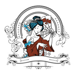 Elegant Geisha in Traditional Attire: An illustrative representation of a geisha in traditional attire, gracefully holding a fan.