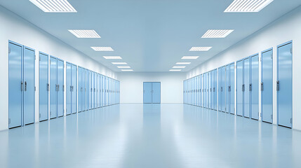 Empty Light Blue Corridor With Many Doors