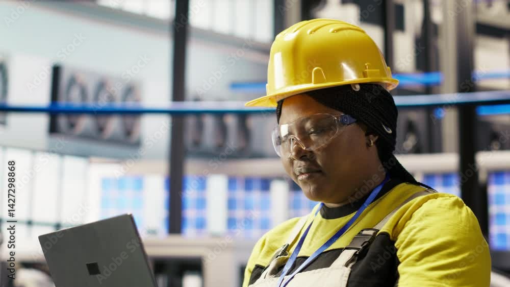 Poster smart factory specialist typing on laptop keyboard, testing automated systems to ensure reliability.