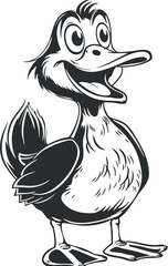 A cheerful cartoon duck character with a big smile and playful demeanor in black and white.