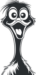 A whimsical cartoon ostrich character with a big smile and playful expression.