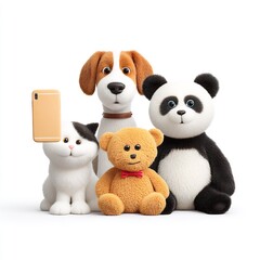 dog, cat, panda, teddy bear selfie