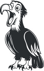 A stylized black and white illustration of a vulture with an expressive pose.