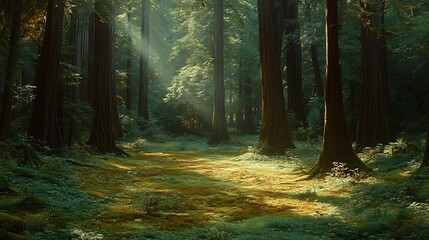 Obraz premium Golden sunlight streams through the canopy of a serene forest, illuminating a tranquil path and lush green undergrowth, creating a peaceful and vibrant natural escape