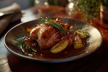 A beautifully roasted chicken garnished with rosemary and served with golden potatoes, showcasing culinary artistry.