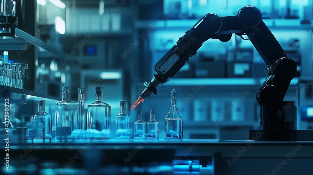Poster advanced robotic arm precisely dispensing liquid into glass bottles in modern laboratory setting hig