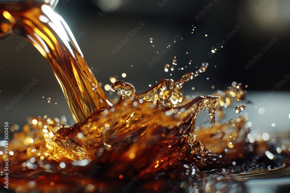 Aufkleber close-up of dark liquid splashing as it pours into a glass, creating a dynamic and refreshing scene.