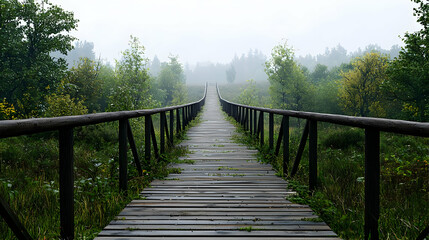 Wooden Bridge Through Foggy Forest Landscape