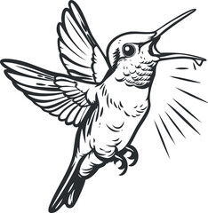 A detailed illustration of a hummingbird in flight showcasing its vibrant feathers and dynamic wings.