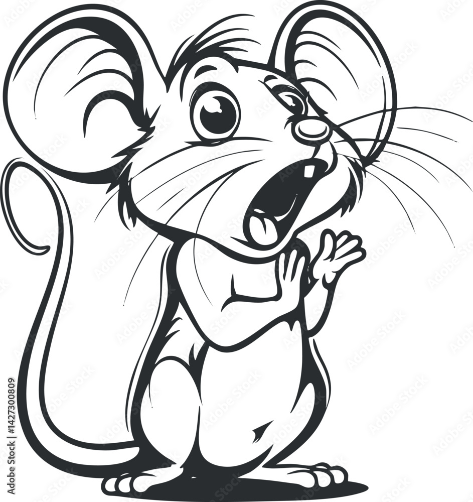 Poster a surprised cartoon mouse character with exaggerated features and playful expression in black and wh