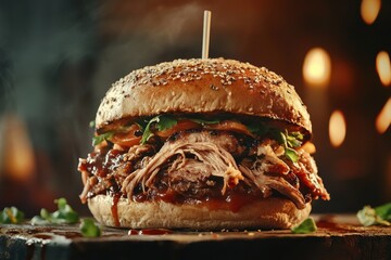 A delicious, smoky pulled pork burger with fresh toppings, perfect for food lovers.