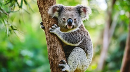 Fototapeta premium A koala bear is clinging to a tree in the forest
