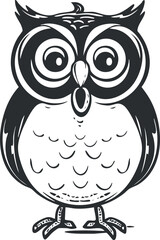 A whimsical black and white illustration of a cute cartoon owl with big eyes.